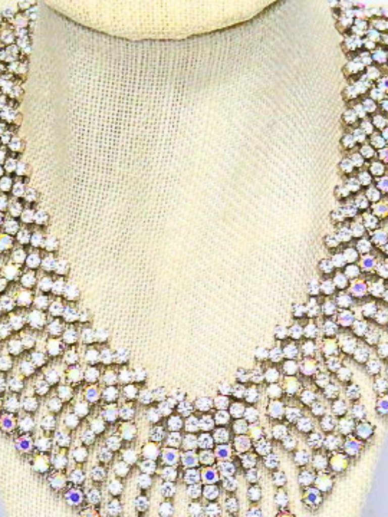 Vintage Aurora Borealis Rhinestone Fringe Bib Statement Necklace